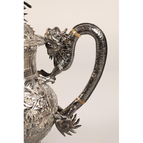 190 - Fantastic 19th century chinese silver four piece tea and coffee service, decorated with warriors, dr... 