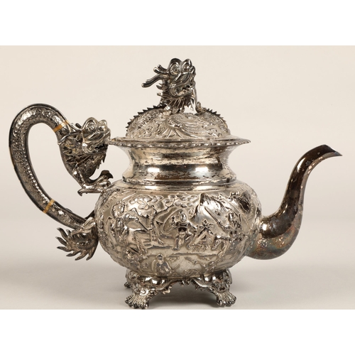 190 - Fantastic 19th century chinese silver four piece tea and coffee service, decorated with warriors, dr... 