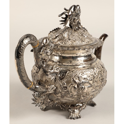 190 - Fantastic 19th century chinese silver four piece tea and coffee service, decorated with warriors, dr... 