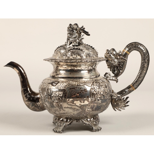 190 - Fantastic 19th century chinese silver four piece tea and coffee service, decorated with warriors, dr... 