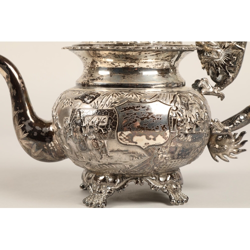 190 - Fantastic 19th century chinese silver four piece tea and coffee service, decorated with warriors, dr... 