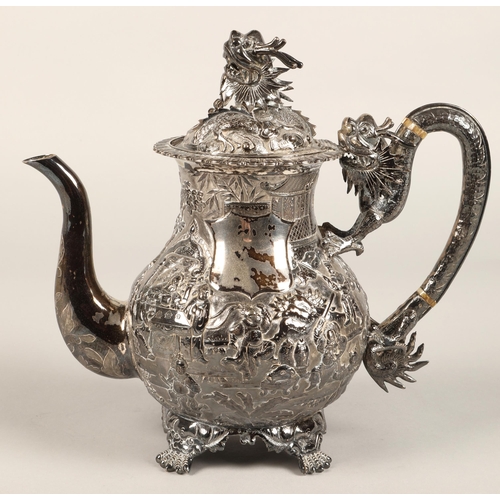 190 - Fantastic 19th century chinese silver four piece tea and coffee service, decorated with warriors, dr... 