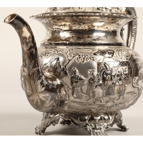 190 - Fantastic 19th century chinese silver four piece tea and coffee service, decorated with warriors, dr... 