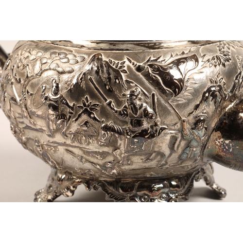 190 - Fantastic 19th century chinese silver four piece tea and coffee service, decorated with warriors, dr... 