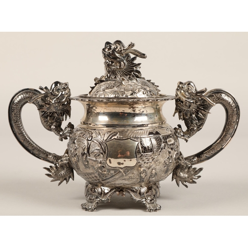 190 - Fantastic 19th century chinese silver four piece tea and coffee service, decorated with warriors, dr... 