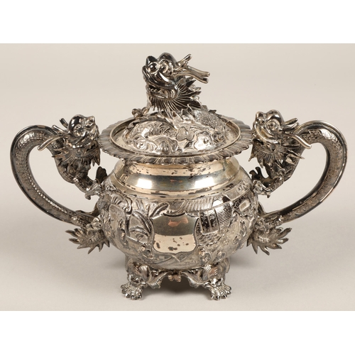 190 - Fantastic 19th century chinese silver four piece tea and coffee service, decorated with warriors, dr... 