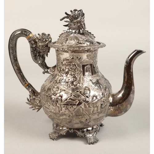 190 - Fantastic 19th century chinese silver four piece tea and coffee service, decorated with warriors, dr... 