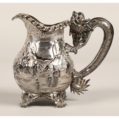 190 - Fantastic 19th century chinese silver four piece tea and coffee service, decorated with warriors, dr... 