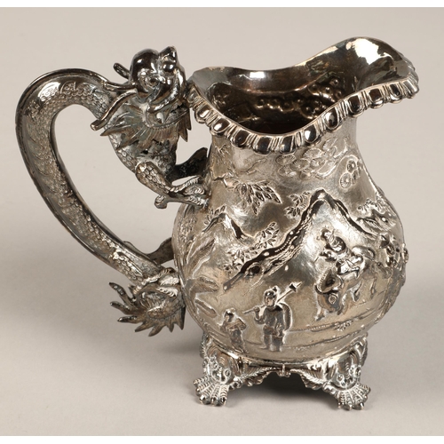 190 - Fantastic 19th century chinese silver four piece tea and coffee service, decorated with warriors, dr... 