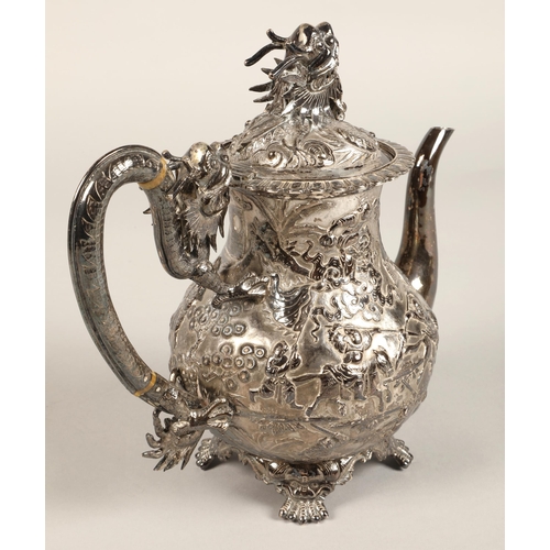 190 - Fantastic 19th century chinese silver four piece tea and coffee service, decorated with warriors, dr... 