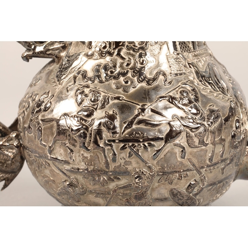 190 - Fantastic 19th century chinese silver four piece tea and coffee service, decorated with warriors, dr... 