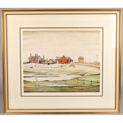 440 - Laurence Stephen Lowry RA (1887-1976) ARRFramed print, landscape with farm buildings,signed in penci... 