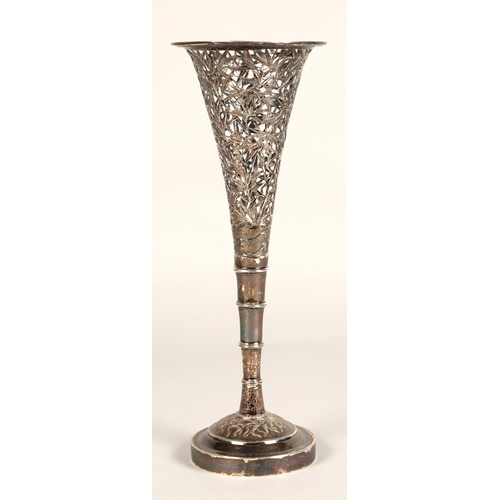 192 - 19th century chinese silver vase of flared form, the body with engraved bamboo detail, stepped taper... 