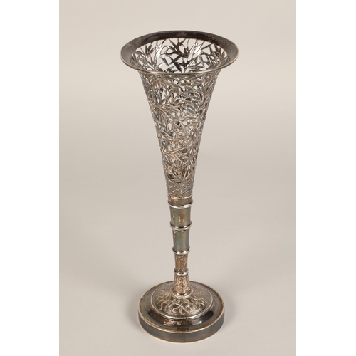 192 - 19th century chinese silver vase of flared form, the body with engraved bamboo detail, stepped taper... 