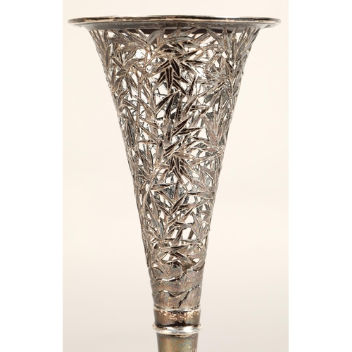 192 - 19th century chinese silver vase of flared form, the body with engraved bamboo detail, stepped taper... 