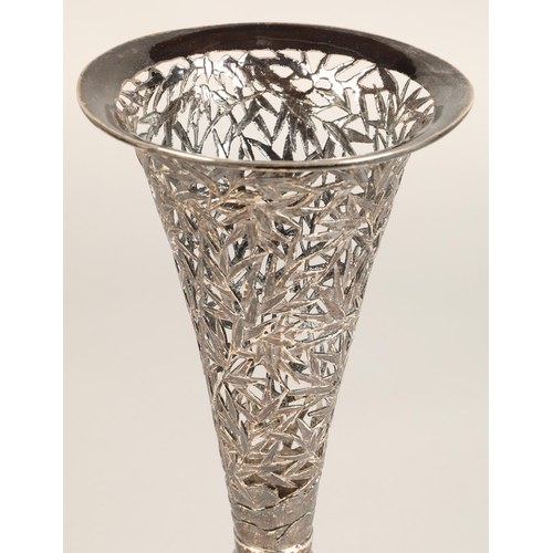 192 - 19th century chinese silver vase of flared form, the body with engraved bamboo detail, stepped taper... 