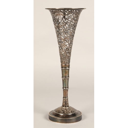 192 - 19th century chinese silver vase of flared form, the body with engraved bamboo detail, stepped taper... 