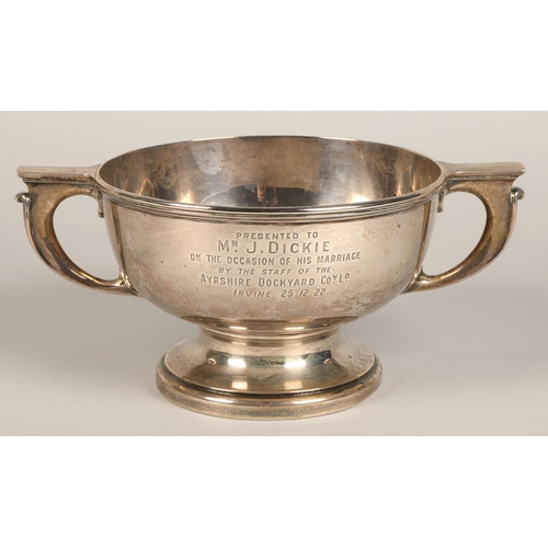 188 - Silver double handled trophy, with engraved inscription . Birmingham 1922 , 366 grams.