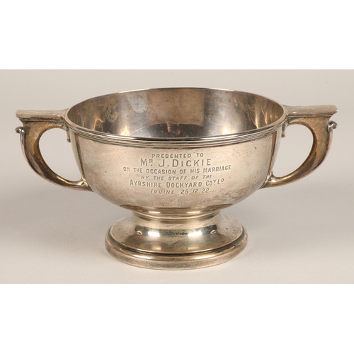 188 - Silver double handled trophy, with engraved inscription . Birmingham 1922 , 366 grams.