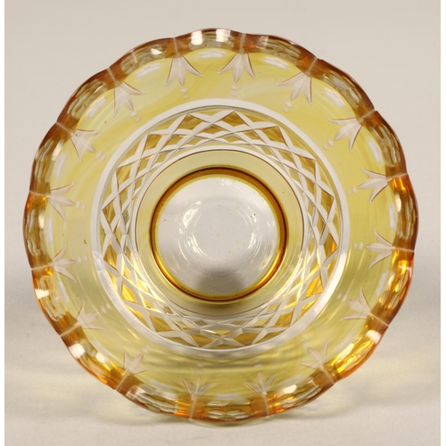 239 - Bohemian amber glass preserve jar, cover and saucer, 22cm high.