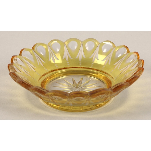 239 - Bohemian amber glass preserve jar, cover and saucer, 22cm high.