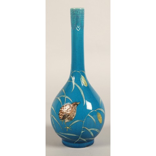 202 - Chinese bottle shaped vase, blue ground with two quail  amongst vines, 25cm high.