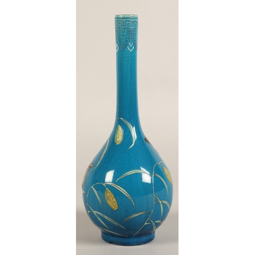 202 - Chinese bottle shaped vase, blue ground with two quail  amongst vines, 25cm high.