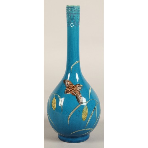 202 - Chinese bottle shaped vase, blue ground with two quail  amongst vines, 25cm high.