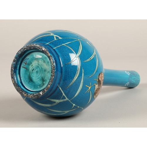 202 - Chinese bottle shaped vase, blue ground with two quail  amongst vines, 25cm high.