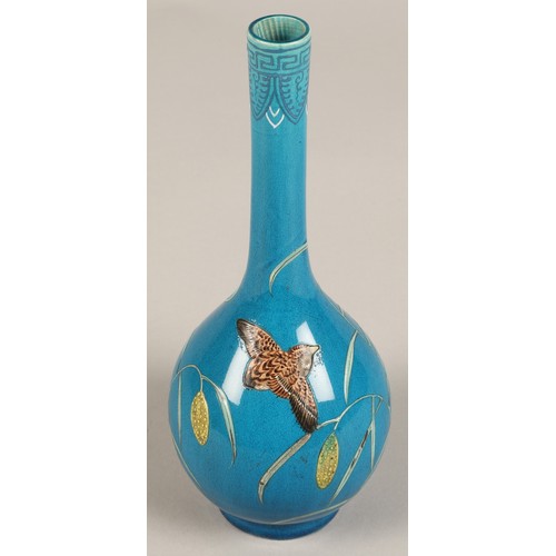 202 - Chinese bottle shaped vase, blue ground with two quail  amongst vines, 25cm high.