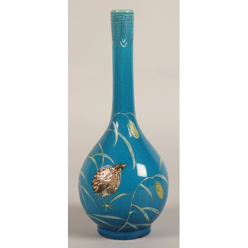 202 - Chinese bottle shaped vase, blue ground with two quail  amongst vines, 25cm high.