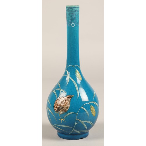 202 - Chinese bottle shaped vase, blue ground with two quail  amongst vines, 25cm high.