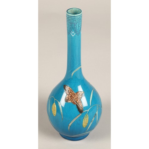 202 - Chinese bottle shaped vase, blue ground with two quail  amongst vines, 25cm high.