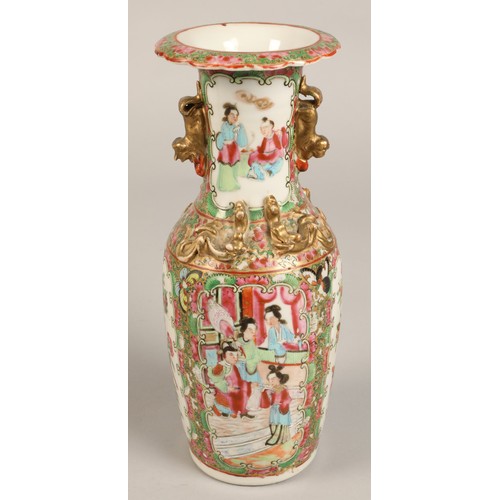 205 - Pair of Canton vases, of baluster form, with panels of figures, birds, butterflies and flowers, with... 