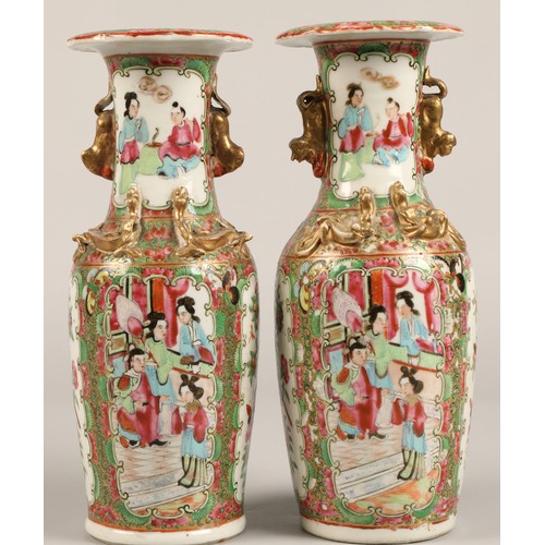 205 - Pair of Canton vases, of baluster form, with panels of figures, birds, butterflies and flowers, with... 