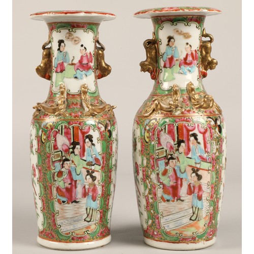 205 - Pair of Canton vases, of baluster form, with panels of figures, birds, butterflies and flowers, with... 