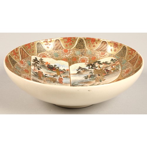 206 - Japanese satsuma bowl of shallow circular form, decorated with enamels and gilt figures within four ... 