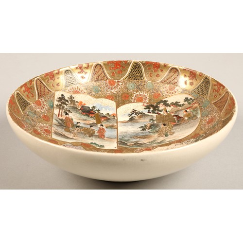 206 - Japanese satsuma bowl of shallow circular form, decorated with enamels and gilt figures within four ... 