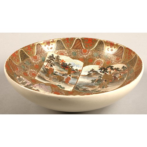 206 - Japanese satsuma bowl of shallow circular form, decorated with enamels and gilt figures within four ... 