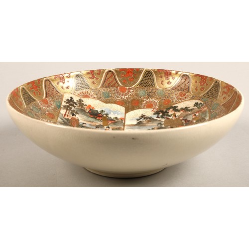 206 - Japanese satsuma bowl of shallow circular form, decorated with enamels and gilt figures within four ... 