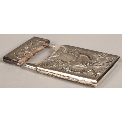 195 - Chinese silver embossed card case, embossed with a coiled dragon on one side and bamboo shoots to th... 