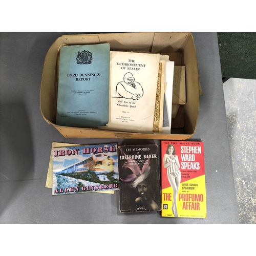 257 - Books & Ephemera.  A carton of various items incl. 2 re. the Profumo Affair.... 