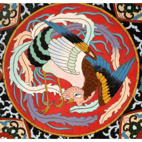 211 - Pair of Japanese cloisonne 19th century chargers, each with a central phoenix surrounded by eight pa... 