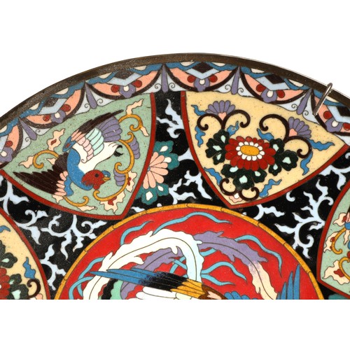 211 - Pair of Japanese cloisonne 19th century chargers, each with a central phoenix surrounded by eight pa... 