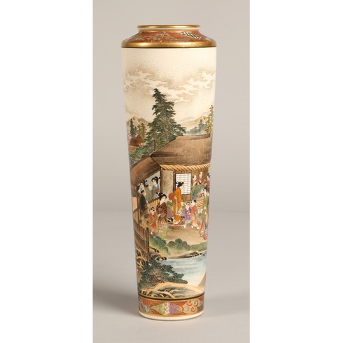 215 - Japanese Satsuma Meiji period vase of elongated form, decorated with nobles in luxurious dress on a ... 