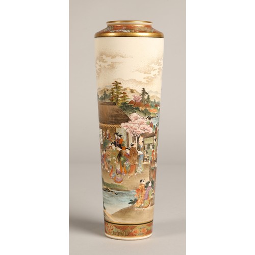 215 - Japanese Satsuma Meiji period vase of elongated form, decorated with nobles in luxurious dress on a ... 