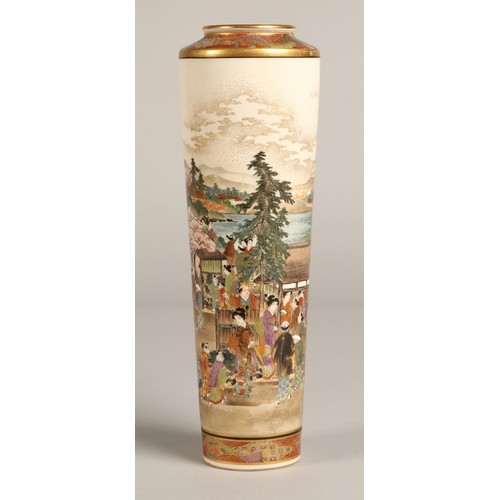 215 - Japanese Satsuma Meiji period vase of elongated form, decorated with nobles in luxurious dress on a ... 