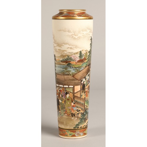 215 - Japanese Satsuma Meiji period vase of elongated form, decorated with nobles in luxurious dress on a ... 