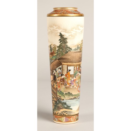 215 - Japanese Satsuma Meiji period vase of elongated form, decorated with nobles in luxurious dress on a ... 