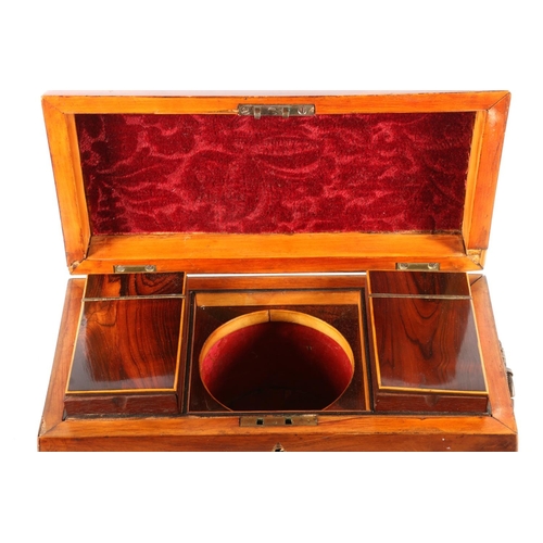 1 - 19th century rosewood tea caddy of sarcophagus shape on cast brass feet, 31cm wide.